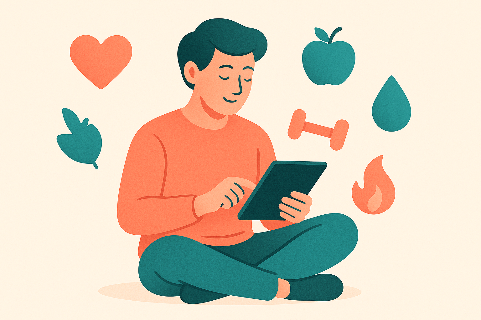 Person reading health content on a tablet surrounded by floating wellness icons including heart, apple, dumbbell, and water drop