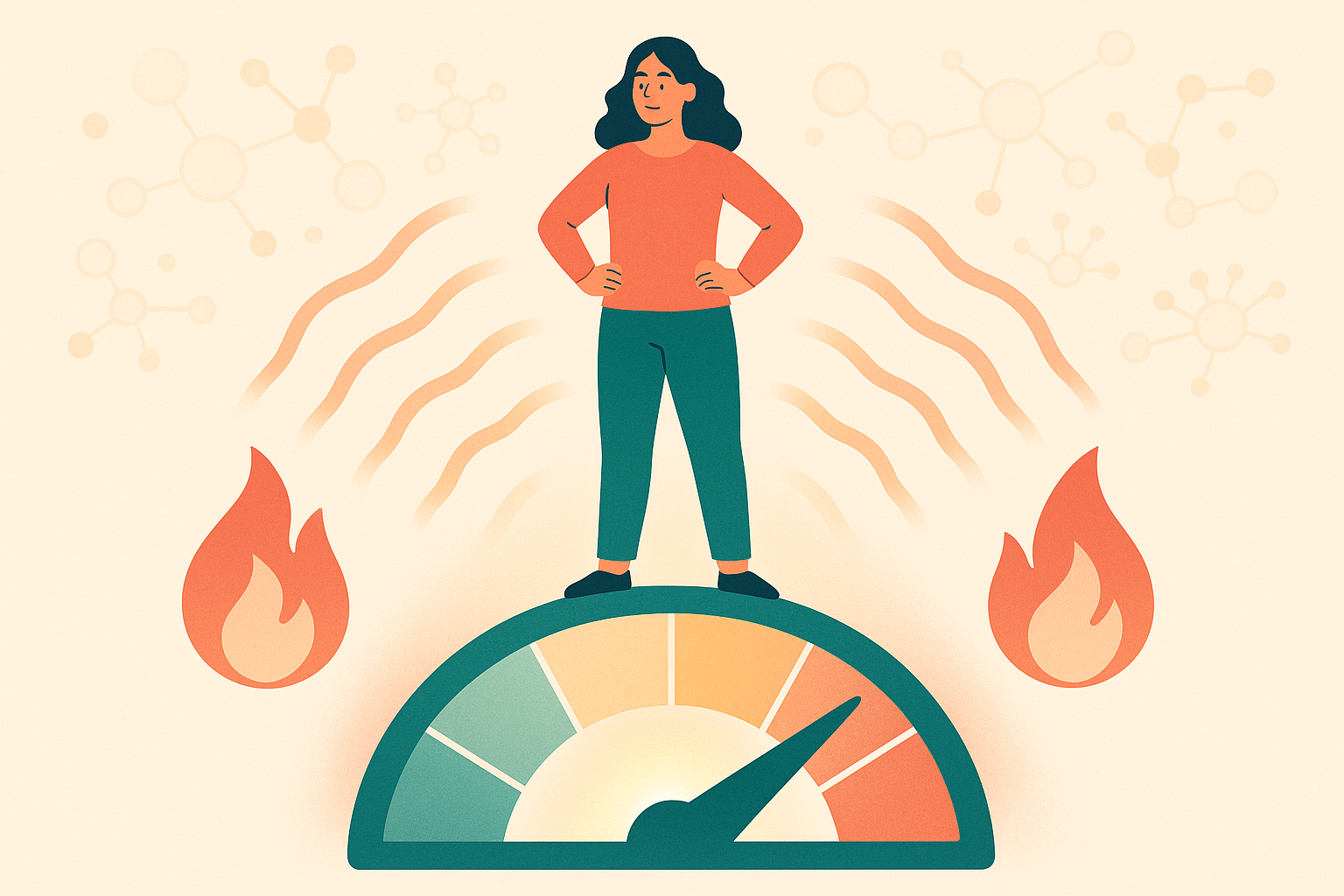 Illustration of a person standing on a metabolic rate meter with flame icons and energy waves, representing basal metabolic rate