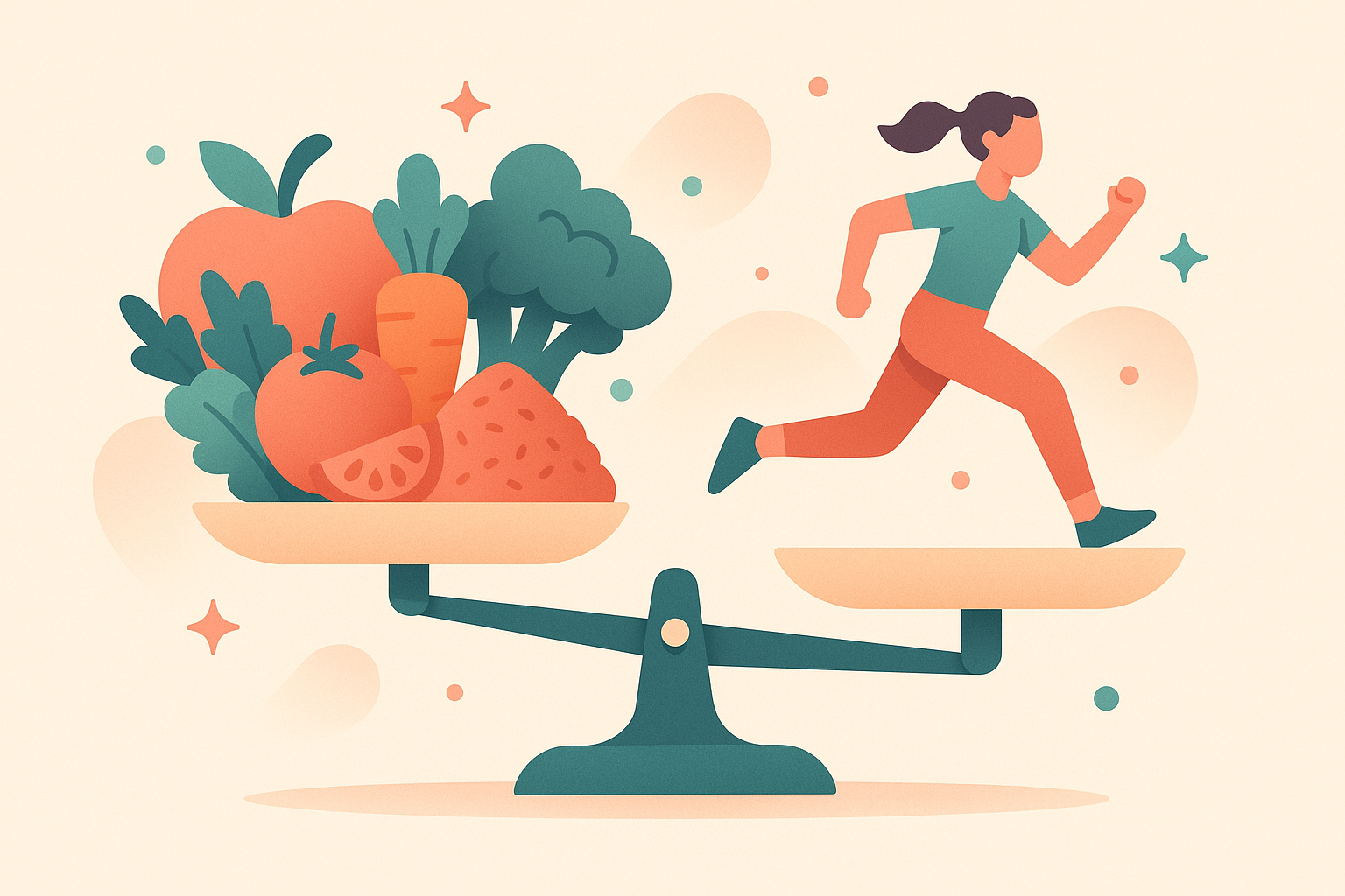 Illustration of a balance scale with food on one side and energy expenditure icons on the other, representing calories in versus calories out