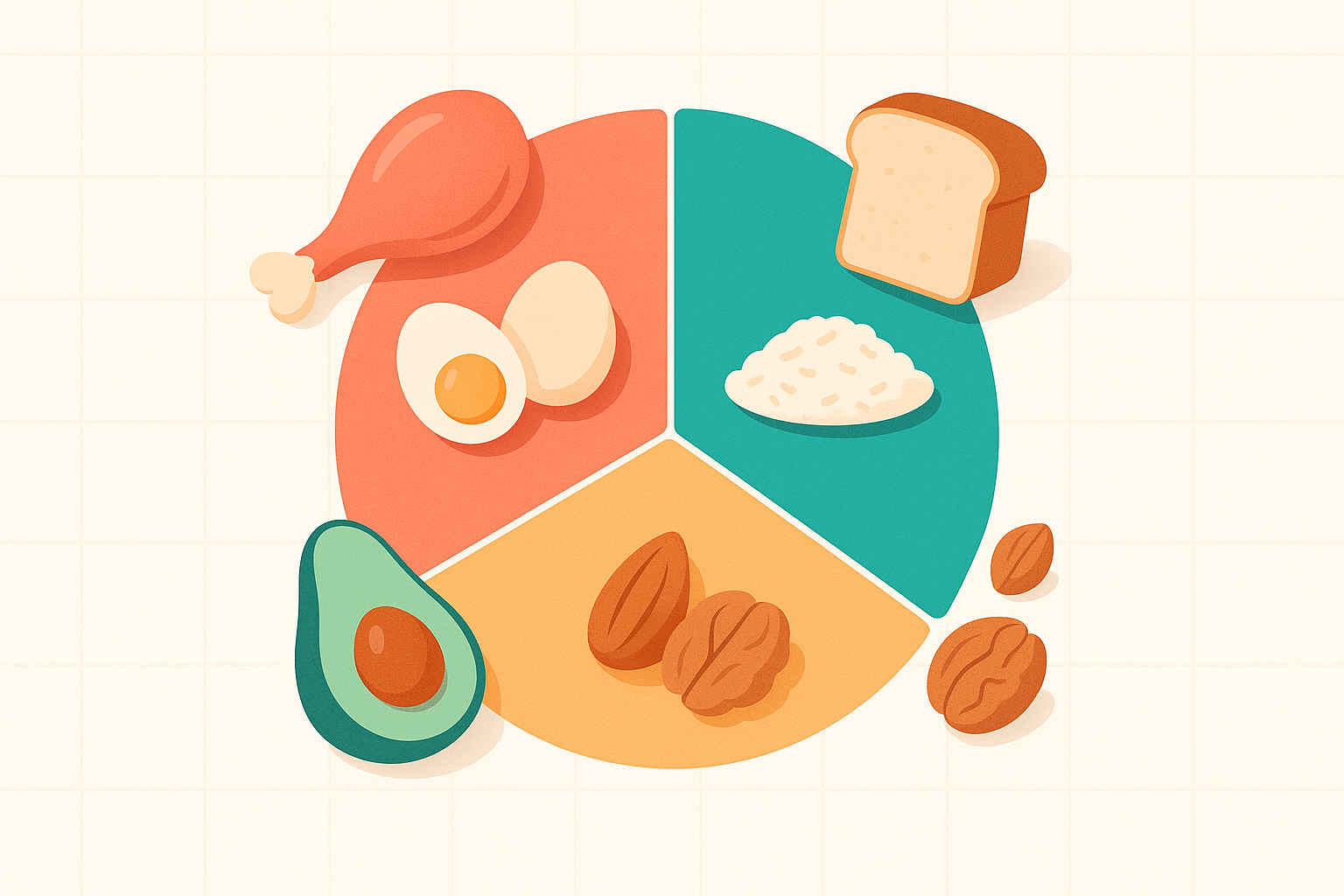 Illustration of three pie chart segments representing protein, carbs, and fats with food items grouped around each segment