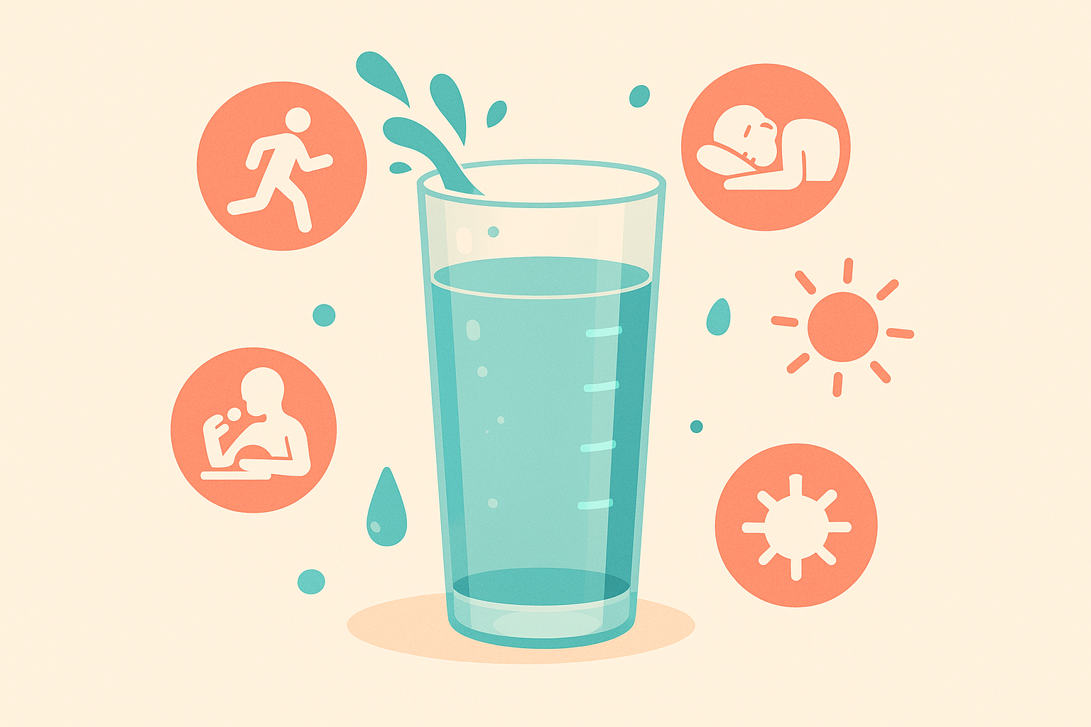 Illustration of a water glass with glowing measurement lines surrounded by activity icons for running, sleeping, and eating