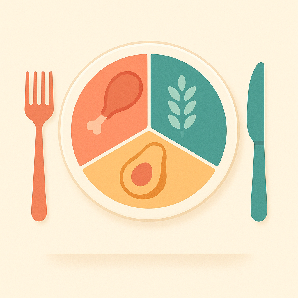 A plate divided into three sections with icons for protein (chicken), carbs (grains), and fats (avocado)
